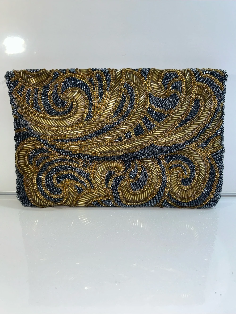 Vintage Handmade Beaded Evening Clutch Shoulder Bag With Chain Handle